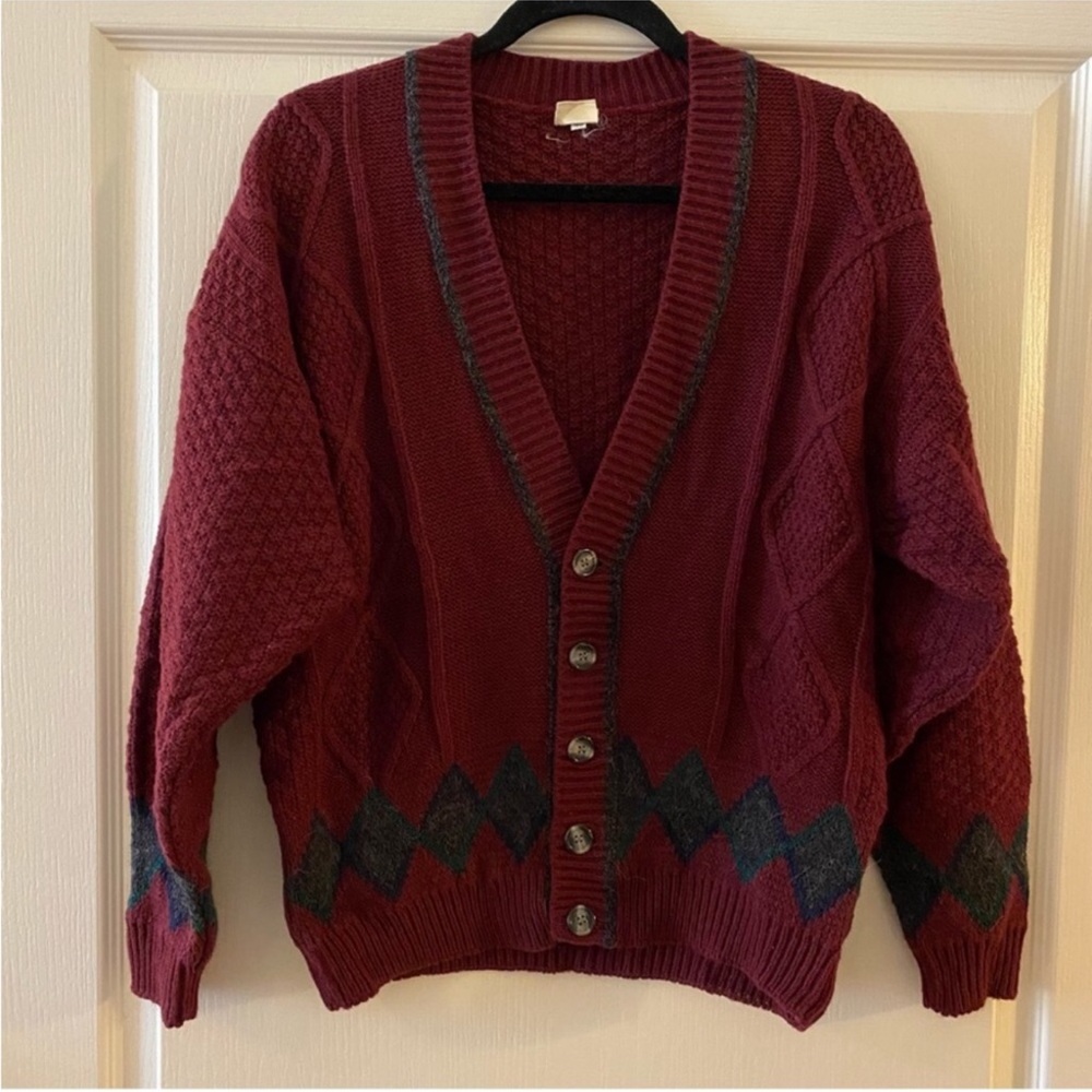 VINTAGE Wool-Blend Argyle V-Neck Button Down Cardigan Sweater Made in Germany